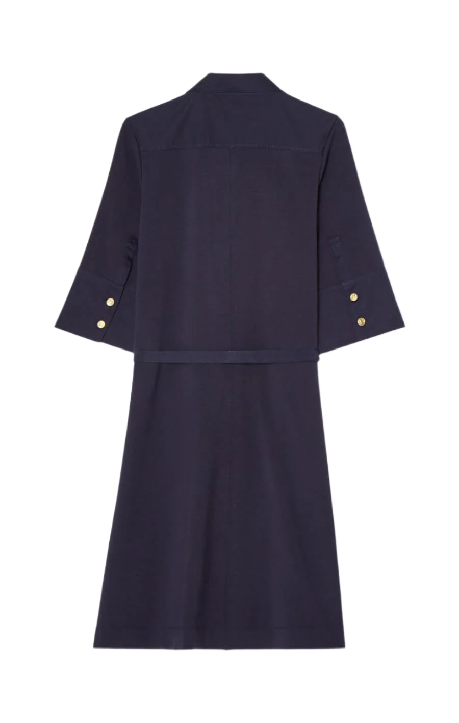 Navy blue dress with gold buttons on a light gray background