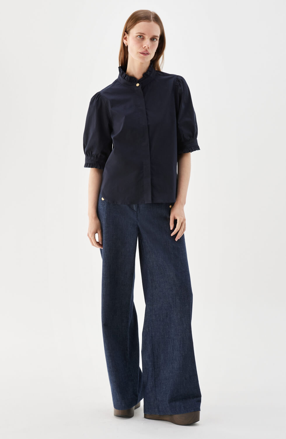 Mica kortärmad blus i poplin mörkblå