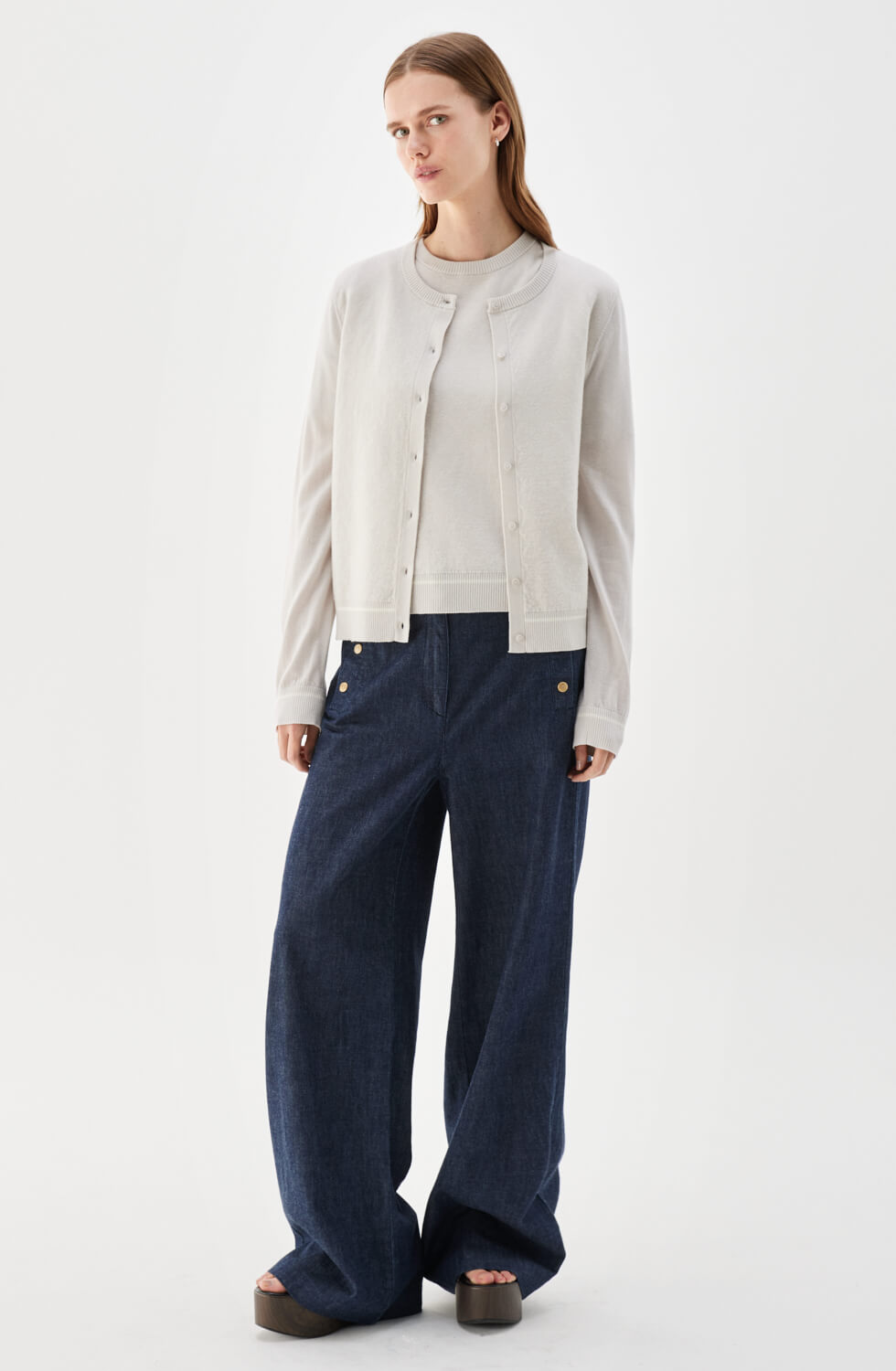 Penelope Jacquard Merino Wool Cardigan Silver Birch/Ecru